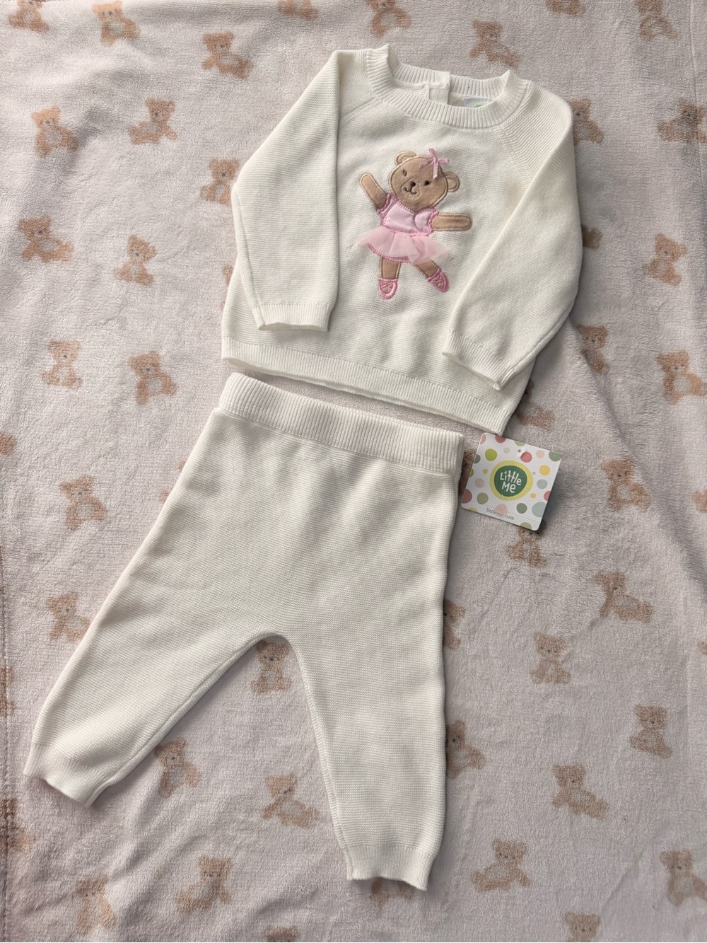 Little Me Cream Knit Bear Ballet Two-Piece Pajama Set with Pink Accents